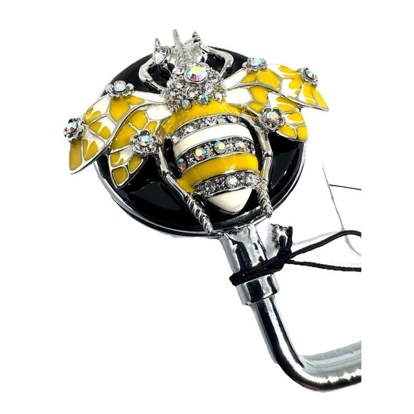 BUMBLE BEE JEWELED PURSE HOOK HANDBAG HOLDER YELLOW CRYSTAL TABLE HANGER - Picture 3 of 4